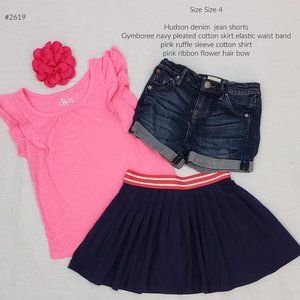 Mix-n-Match Gymboree skirt and Hudson denim shorts with pink shirt and bow